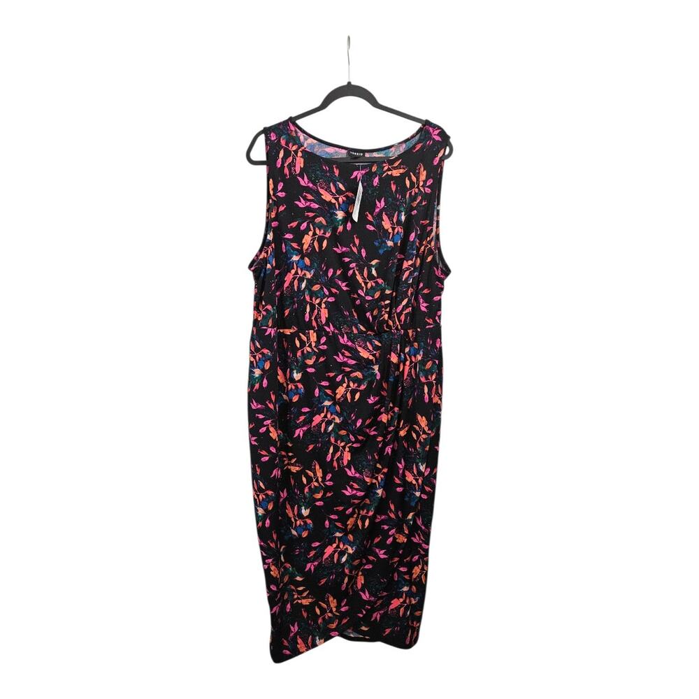 Torrid NWT Dress 3X Midi Sleeveless Stretch Floral Ruching Black Multicolor